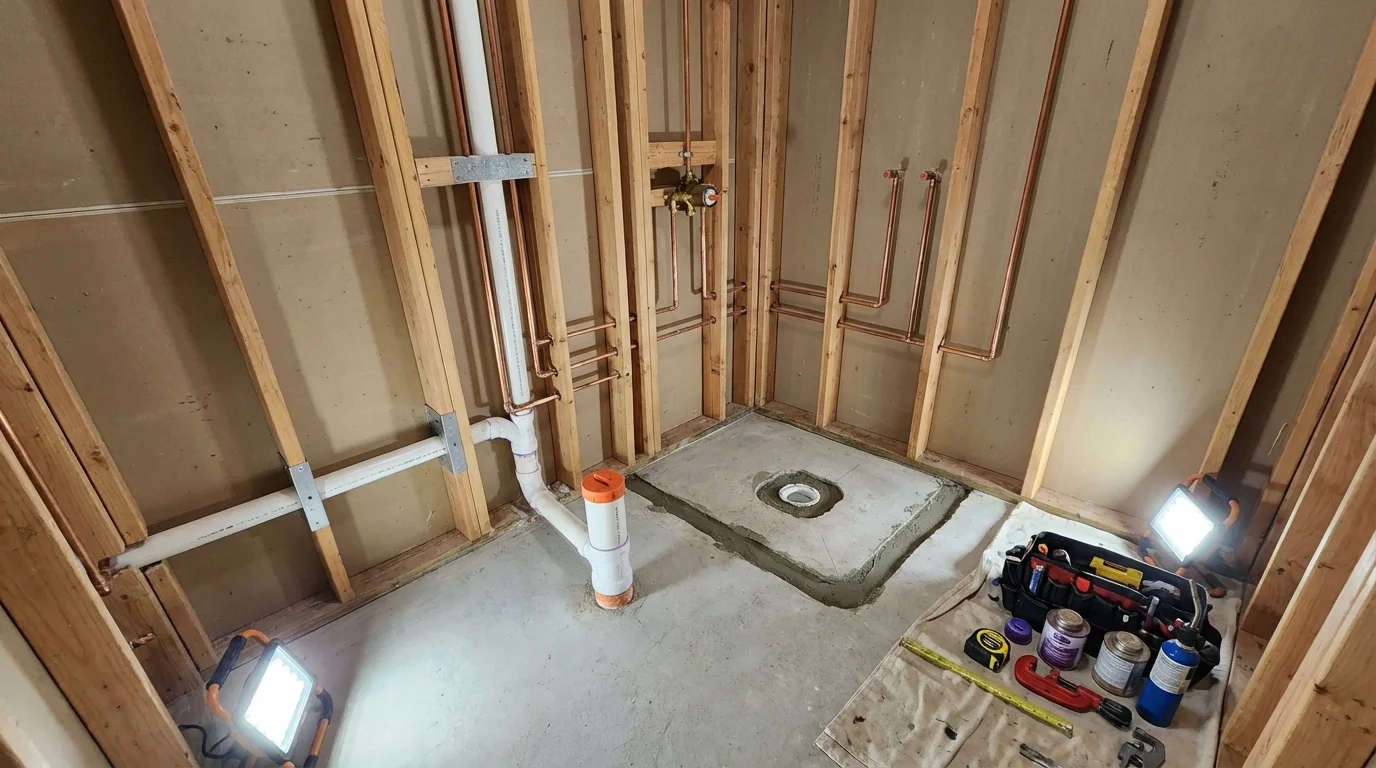 Bathroom rough-in plumbing during remodel by Johns Plumbing LLC in Manning