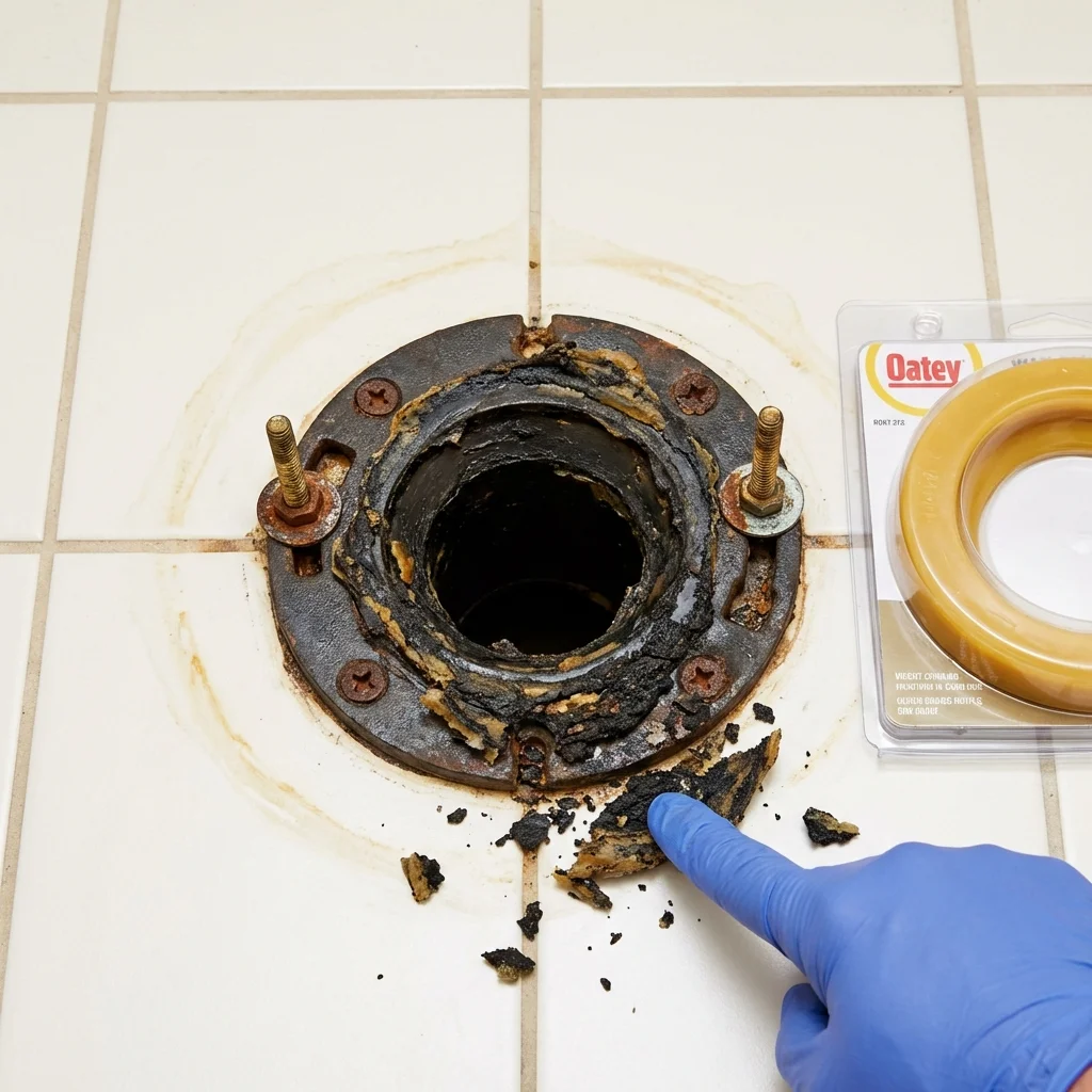 Failed wax ring showing water seepage at the base of a toilet in a Manning, SC home
