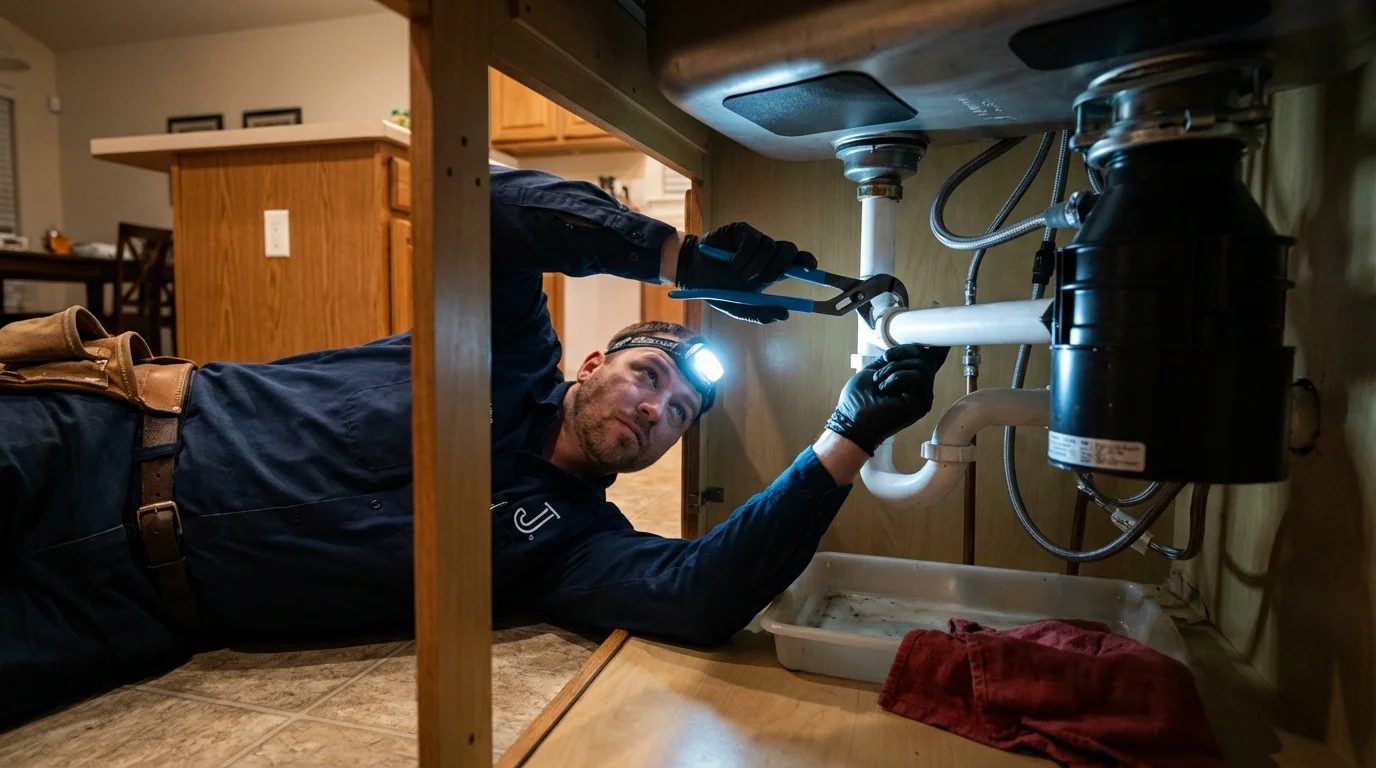 P-trap and supply line connections under a kitchen sink showing a common leak point in Manning, SC